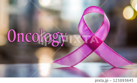 Oncology text with a pink ribbon symbolizing cancer awareness and support 123893645