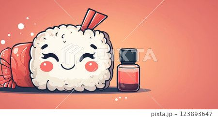 Kawaii sushi roll with blushing cheeks, waving a tiny soy sauce bottle, cute and playful style 123893647