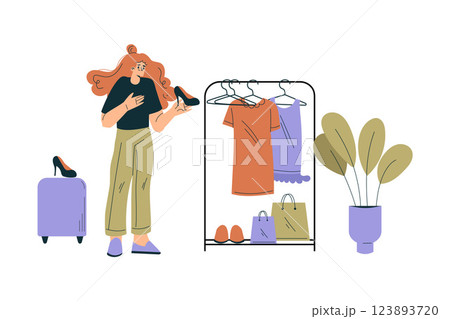 Weekend Market with Woman Character Buy Clothing Vector Illustration 123893720