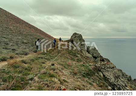 Hikers explore a rugged coastal path during a cloudy day by the ocean in a remote location 123893725