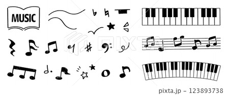 手書きの音符とピアノ鍵盤のベクターイラストセット。楽しい音楽の雰囲気を鉛筆タッチで描いたイメージ。五 123893738