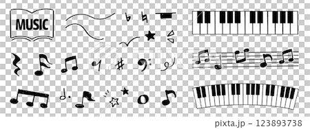 手書きの音符とピアノ鍵盤のベクターイラストセット。楽しい音楽の雰囲気を鉛筆タッチで描いたイメージ。五 123893738