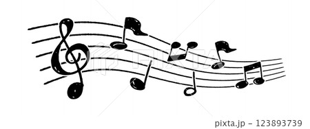 鉛筆タッチで描いた手書きの五線譜に散らばる音符ベクターイラスト。演奏された音楽が流れているようなイメ 123893739