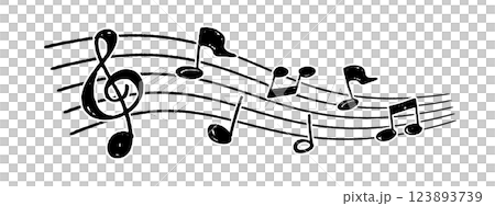 A vector illustration of musical notes scattered on a hand-drawn staff drawn with a pencil. 123893739