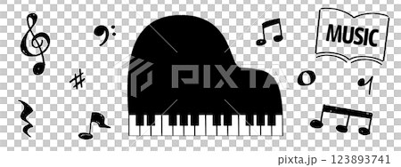 わかいい手書きの音符とグランドピアノのベクターアイコンイラストセット。子供向きにデフォルメされたピア 123893741