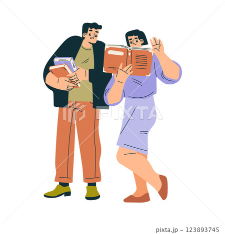Weekend Market with Man and Woman Character Buy Books Vector Illustration 123893745