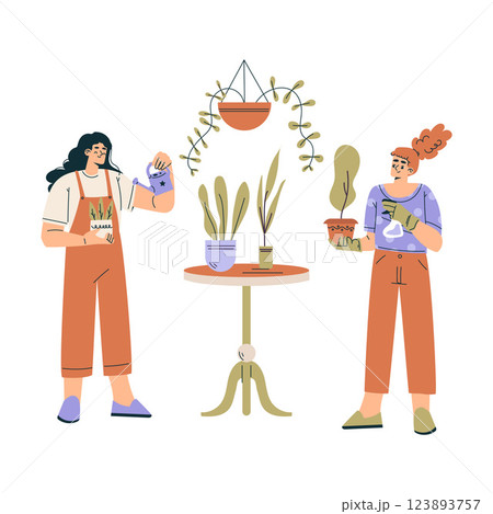 Happy Woman Character Care of Flower in Pot Vector Illustration 123893757