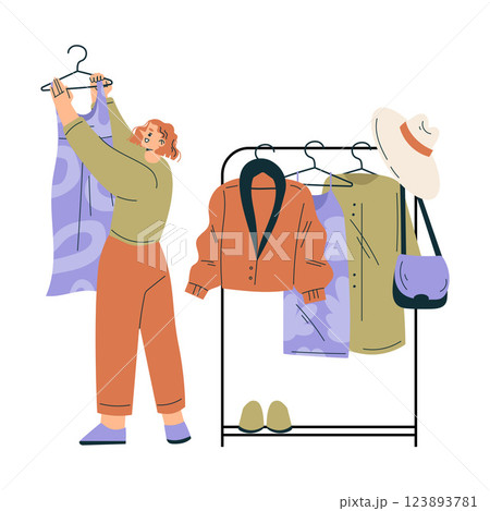 Weekend Market with Woman Character Buy Clothing Vector Illustration Weekend Market with Woman Character Buy Clothing Vector Illustration 123893781