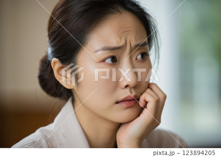 悩みを抱える女性の表情と不安を感じる心境19 AI生成画像 悩みを抱える女性の表情と不安を感じる心境19 AI生成画像 123894205