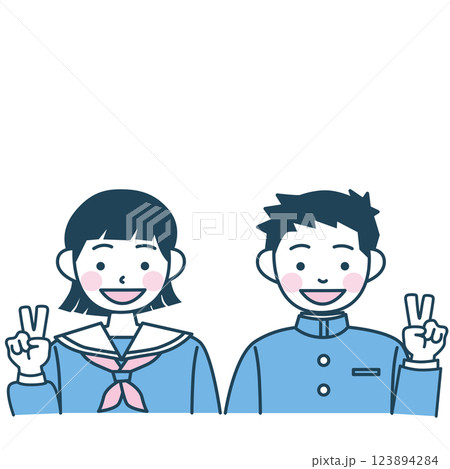 笑顔でピースする学生たちのベクターイラスト 笑顔でピースする学生たちのベクターイラスト 123894284