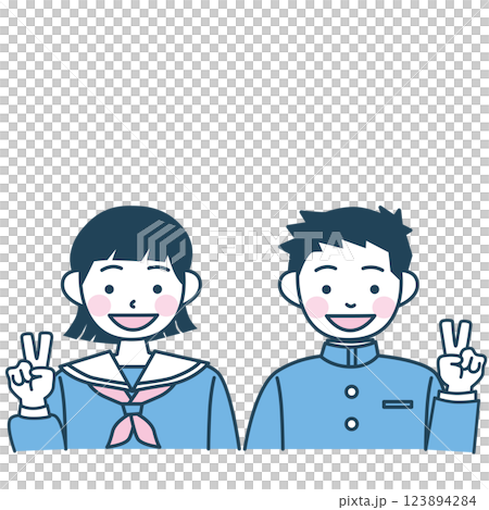 笑顔でピースする学生たちのベクターイラスト 笑顔でピースする学生たちのベクターイラスト 123894284