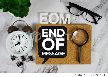 EOM - End of Message acronym with alarm clock and magnifying glass, business concept background 123894521