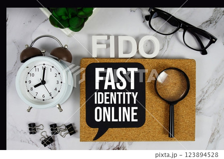 FIDO - Fast Identity Online acronym with alarm clock and magnifying glass, business concept background FIDO - Fast Identity Online acronym with alarm clock and magnifying glass, business concept background 123894528
