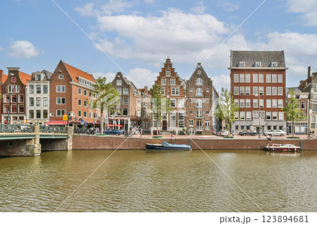 A picturesque view of Amsterdam's iconic canals featuring historic buildings and lush trees lining the waterfront. 123894681