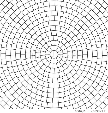 Paved circle pattern tile background. Circular brick mosaic. Round radial stone pavement. Paving tile simple floor texture. Black line. Vector illustration isolated on white background Paved circle pattern tile background. Circular brick mosaic. Round radial stone pavement. Paving tile simple floor texture. Black line. Vector illustration isolated on white background 123894714