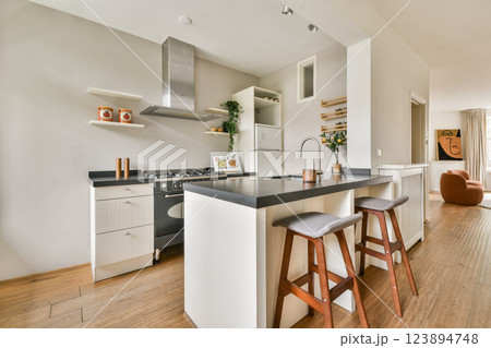 A sleek and contemporary kitchen featuring modern appliances, wooden accents, and elegant design elements for a cozy yet stylish ambiance. 123894748