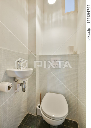 A sleek and modern bathroom featuring minimal fixtures, a clean aesthetic, and clever use of space to create a functional environment. 123894763