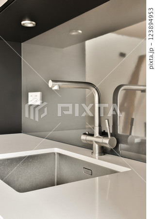 A contemporary kitchen sink featuring a minimalist design, stainless steel finish, and a stylish faucet against a modern backdrop, ideal for contemporary interiors. 123894953