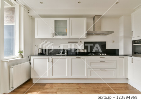 A sleek and contemporary kitchen equipped with modern appliances and a minimalist aesthetic focusing on functionality and style. 123894969