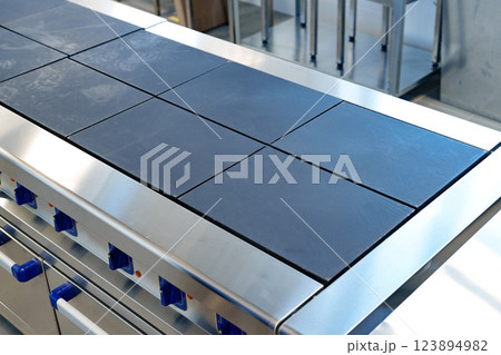 Professional kitchen cooking station with stainless steel surface and ceramic cooktop designed for culinary efficiency Professional kitchen cooking station with stainless steel surface and ceramic cooktop designed for culinary efficiency 123894982