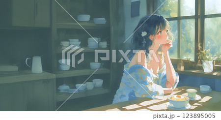 物思いにふけながら朝ごはんを食べる女性、イラスト、水彩画、バナー素材、挿絵 123895005