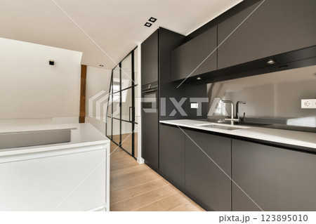 A sleek minimalist kitchen featuring modern cabinetry, elegant fixtures, and a seamless flow into spacious living areas, exuding sophistication and functionality. A sleek minimalist kitchen featuring modern cabinetry, elegant fixtures, and a seamless flow into spacious living areas, exuding sophistication and functionality. 123895010