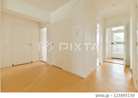 A spacious and well-lit interior hallway featuring minimalist design, white walls, and wooden flooring. Ideal for showcasing modern architectural style. A spacious and well-lit interior hallway featuring minimalist design, white walls, and wooden flooring. Ideal for showcasing modern architectural style. 123895130