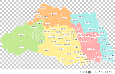 Map_Saitama Prefecture border with colored text Map_Saitama Prefecture border with colored text 123895471