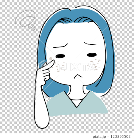 A hand-drawn illustration of an Asian woman with blemishes and skin concerns 123895502