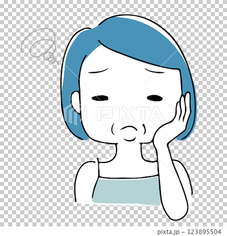 Hand-drawn illustration of an Asian woman who is self-conscious about her sagging face 123895504