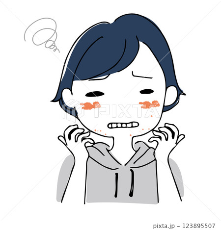 肌荒れやニキビにコンプレックスがあるアジア人女性の手書きイラスト 123895507