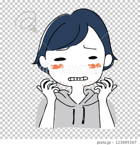 A hand-drawn illustration of an Asian woman who has a complex about rough skin and acne 123895507