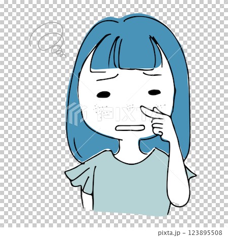 A hand-drawn illustration of an Asian woman who is self-conscious about her skin with noticeable pores 123895508