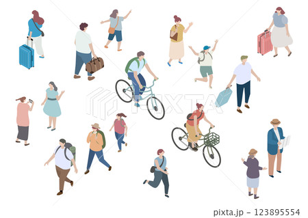 旅行、お出かけ、ハイキング、サイクリングをする人々のアイソメトリックイラスト 123895554