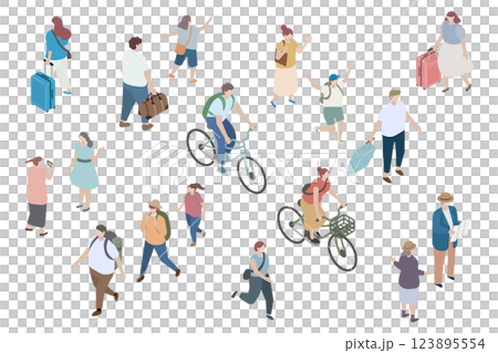 旅行、お出かけ、ハイキング、サイクリングをする人々のアイソメトリックイラスト 123895554