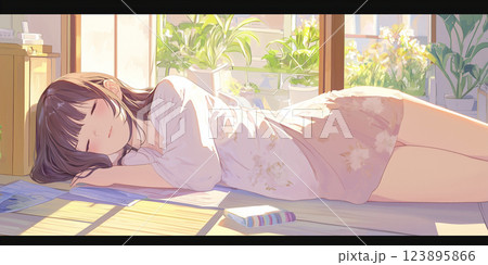 くつろぐ女性、イラスト、水彩画、バナー素材、挿絵 くつろぐ女性、イラスト、水彩画、バナー素材、挿絵 123895866