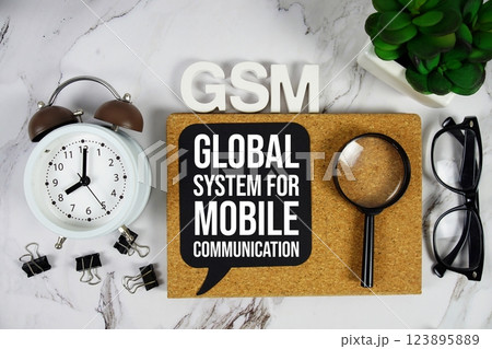 GSM Global System for Mobile communication acronym with alarm clock and magnifying glass, business concept background GSM Global System for Mobile communication acronym with alarm clock and magnifying glass, business concept background 123895889