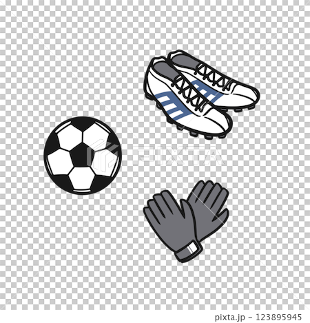 Illustration of a soccer ball, cleats and gloves Illustration of a soccer ball, cleats and gloves 123895945