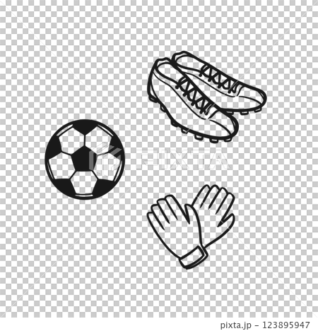 Illustration of a soccer ball, cleats and gloves (line drawing) Illustration of a soccer ball, cleats and gloves (line drawing) 123895947
