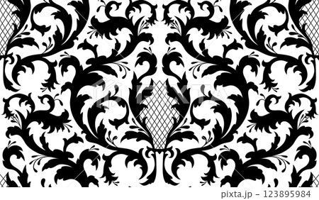 Vector monochrome vintage seamless pattern. Ornament with black silhouette of floral curls on white background. Baroque texture 123895984