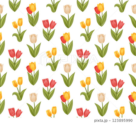 Vector spring pattern with colorful tulips on white background. Rustic texture with flat hand drawn blooming flowers f Vector spring pattern with colorful tulips on white background. Rustic texture with flat hand drawn blooming flowers f 123895990
