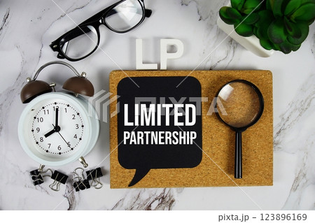 LP - Limited Partnership acronym with alarm clock and magnifying glass, Business concept background 123896169