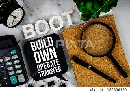 BOOT - Build Own Operate Transfer acronym with calculator, alarm clock and magnifying glass, Business concept background 123896180