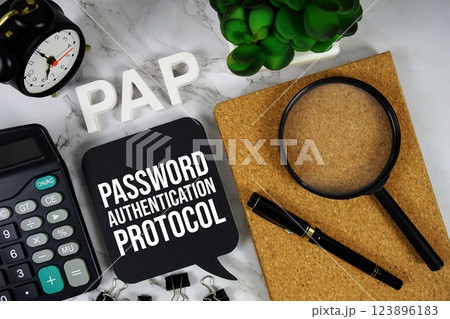 PAP - Password Authentication Protocol acronym with calculator, alarm clock and magnifying glass, business concept background PAP - Password Authentication Protocol acronym with calculator, alarm clock and magnifying glass, business concept background 123896183