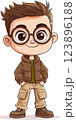 Cute Cartoon Boy Character with Glasses Wearing a Brown Jacket and Casual Pants Smiling Cheerfully for Children Design 123896188