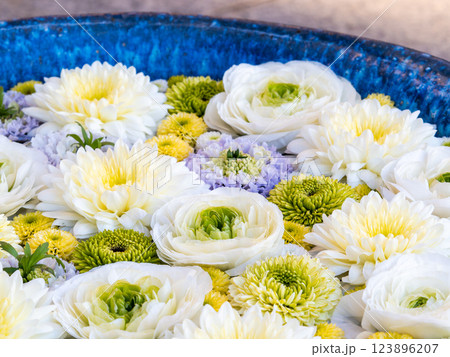 1月の季節の花に彩られた美しい花手水 1月の季節の花に彩られた美しい花手水 123896207