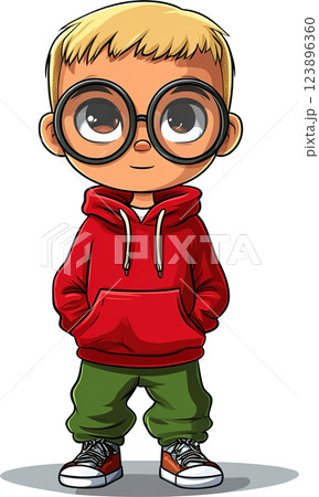 Cheerful cartoon boy with large glasses in red hoodie and green pants standing confidently on white background 123896360