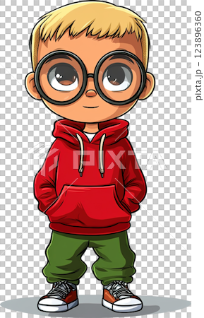 Cheerful cartoon boy with large glasses in red hoodie and green pants standing confidently on white background 123896360
