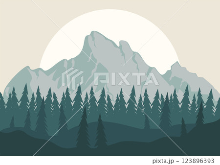 View on morning mountains with sunrise poster print. Aesthetic minimalist fog flat pine tree forest 123896393