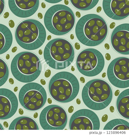 Seamless pattern with green olives. Natural vegetable background illustration for organic cooking ingredient 123896406